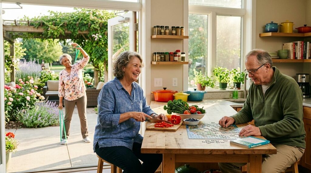 One smiling older adult enjoys a nutritious meal, another completes a jigsaw puzzle, and a third exercises with resistance bands, representing healthy aging through nutrition, exercise, and brain health after 65.