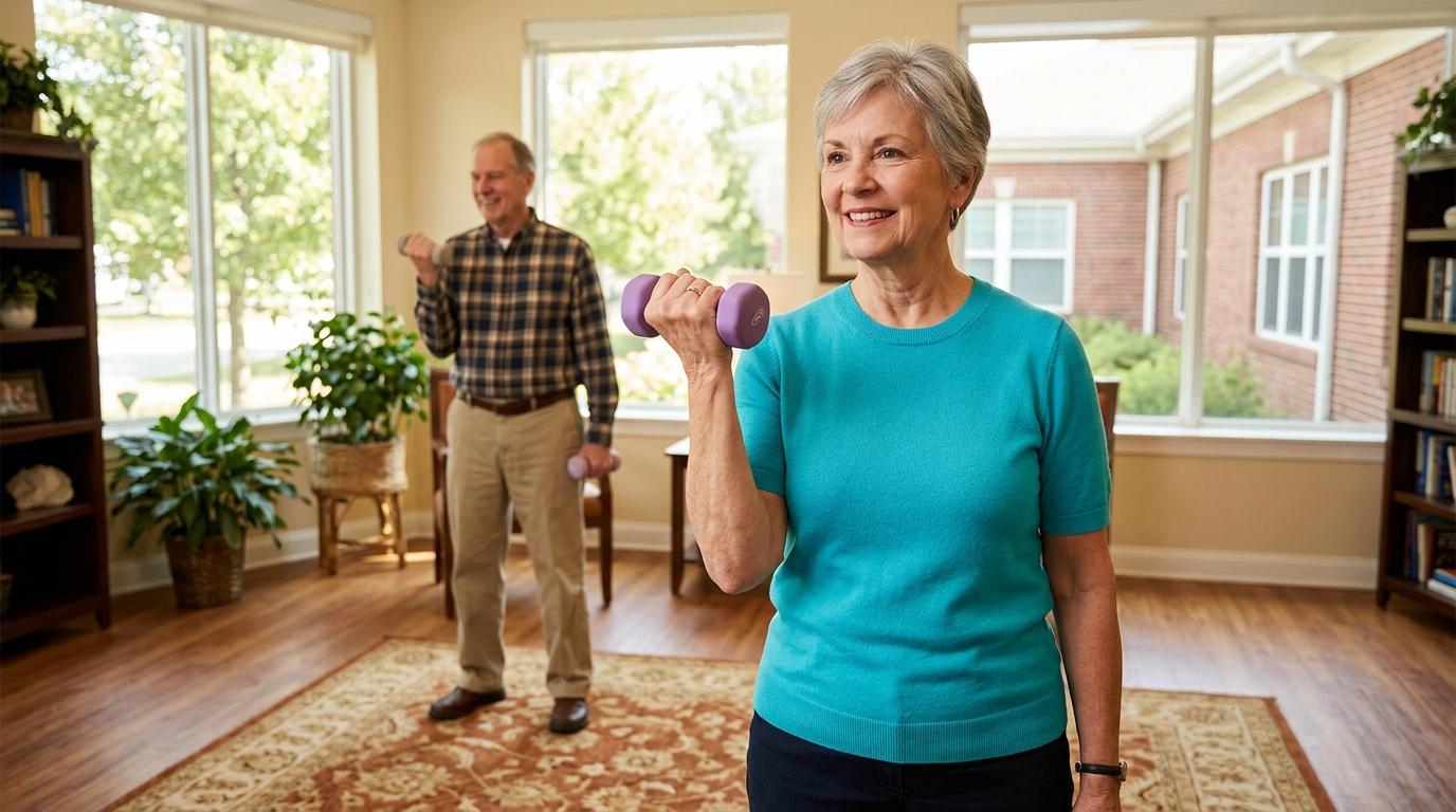 A pair of smiling seniors exercises with low-weight dumbbells during a guided exercise session at a senior living community.