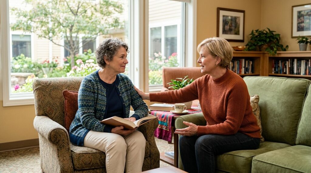 Smiling senior person in a warm, welcoming community setting, reflecting emotional well-being and social connection.