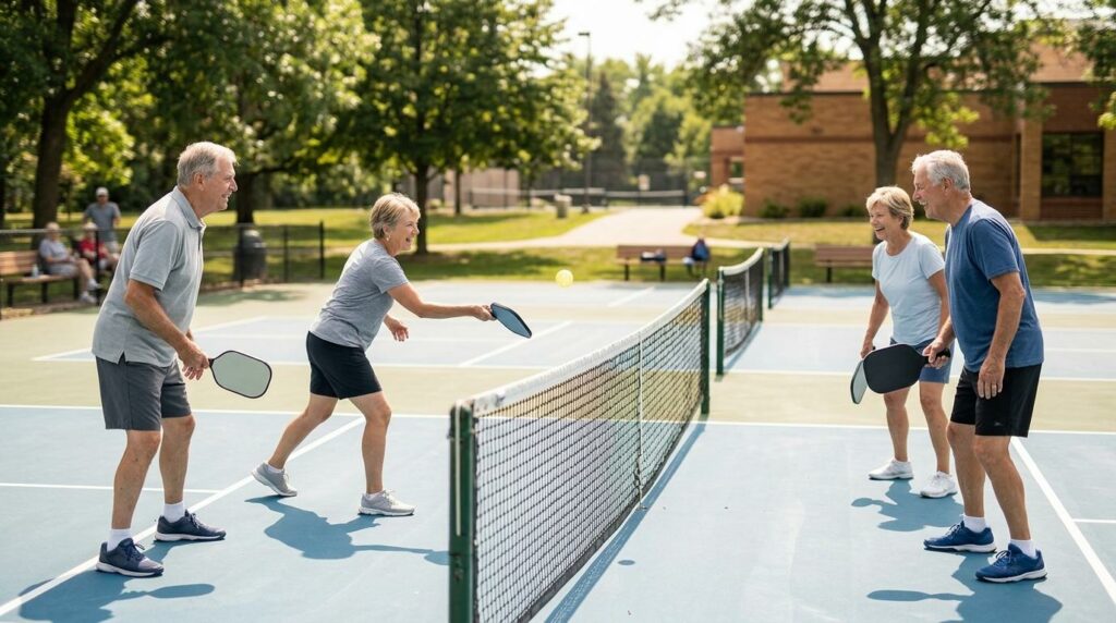 Seniors playing pickleball outdoors in Arden Hills, enjoying an active and social lifestyle at Round Lake Senior Living.