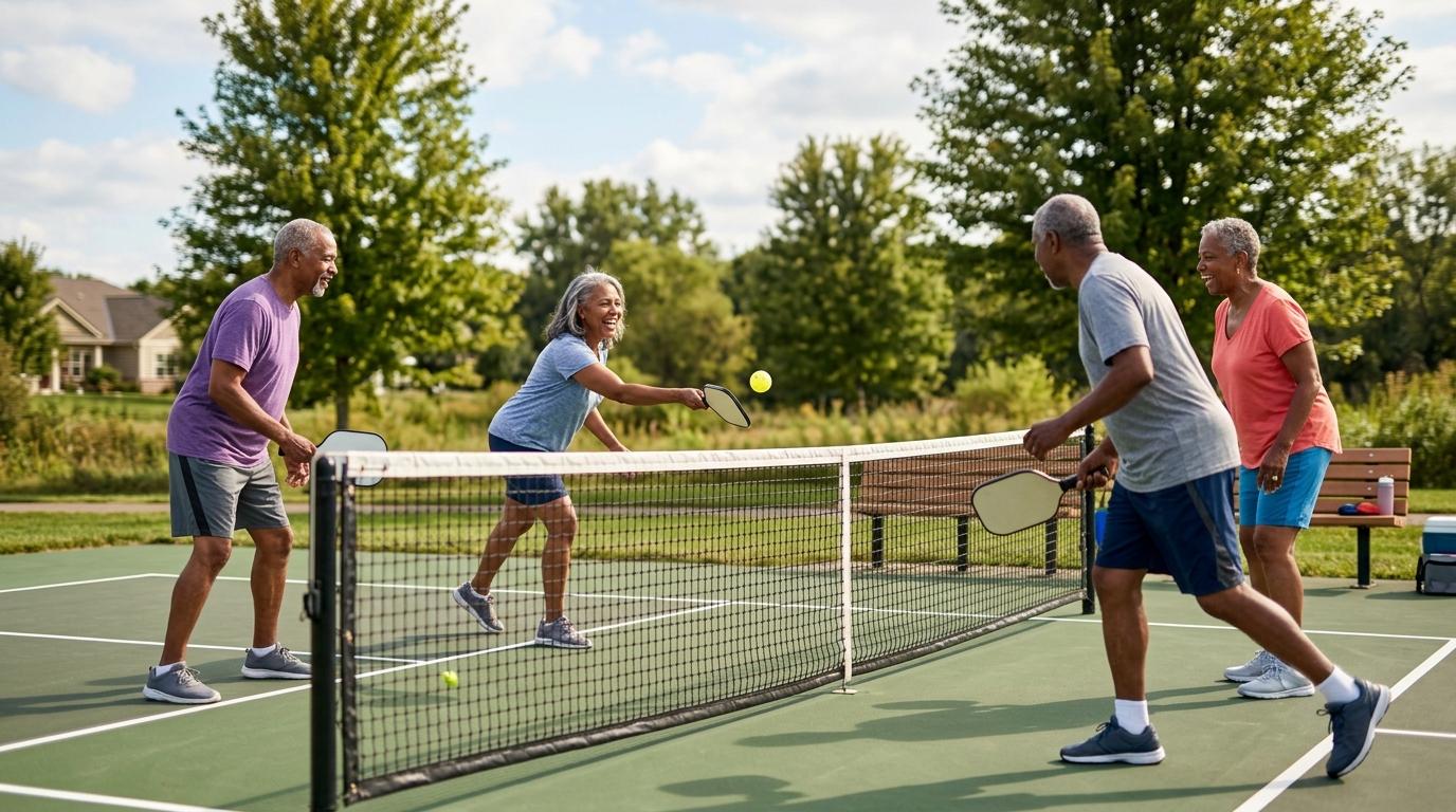Smiling seniors playing pickleball outdoors at a community court on a sunny day.
